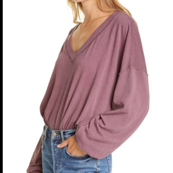 Free People]Cotton Bordeaux Hand dyed Balloon Long sleeve Oversize Crop Top - Picture 7 of 15